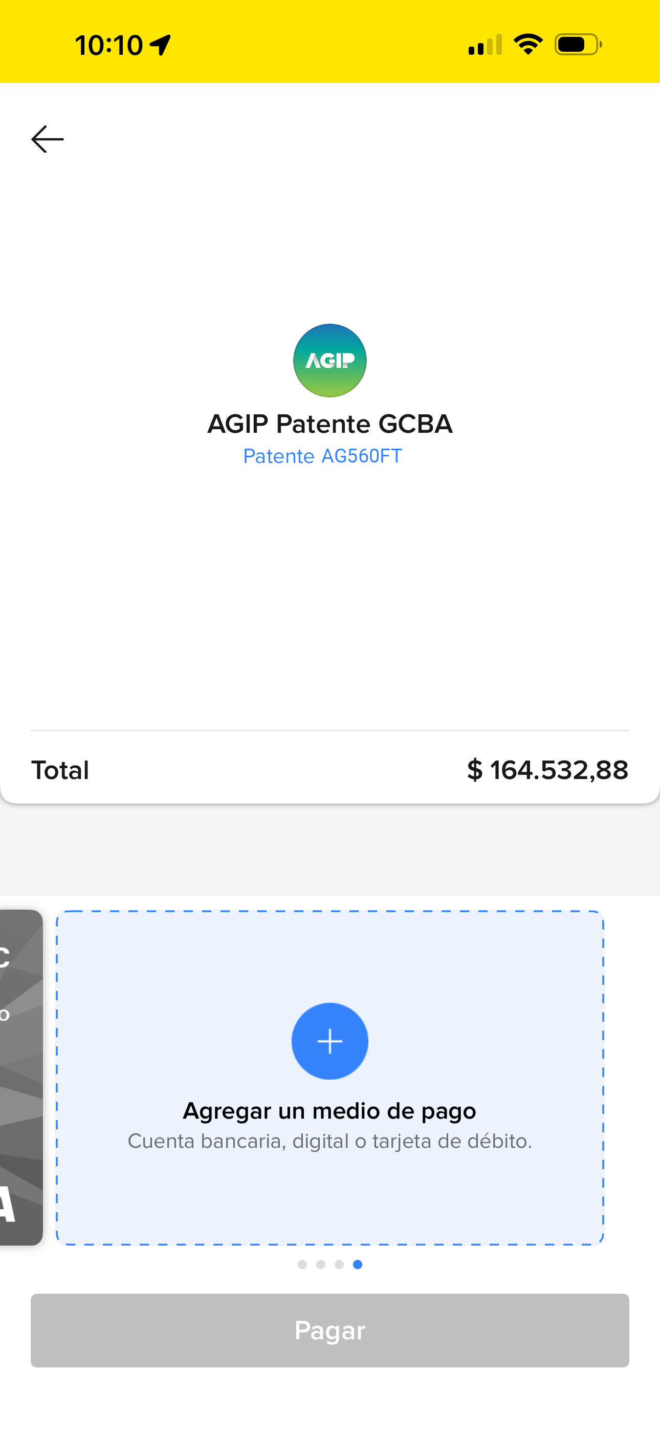 Checkout with the Add card option selected in the carousel — dotted outline, blue plus icon, and the Pagar button disabled