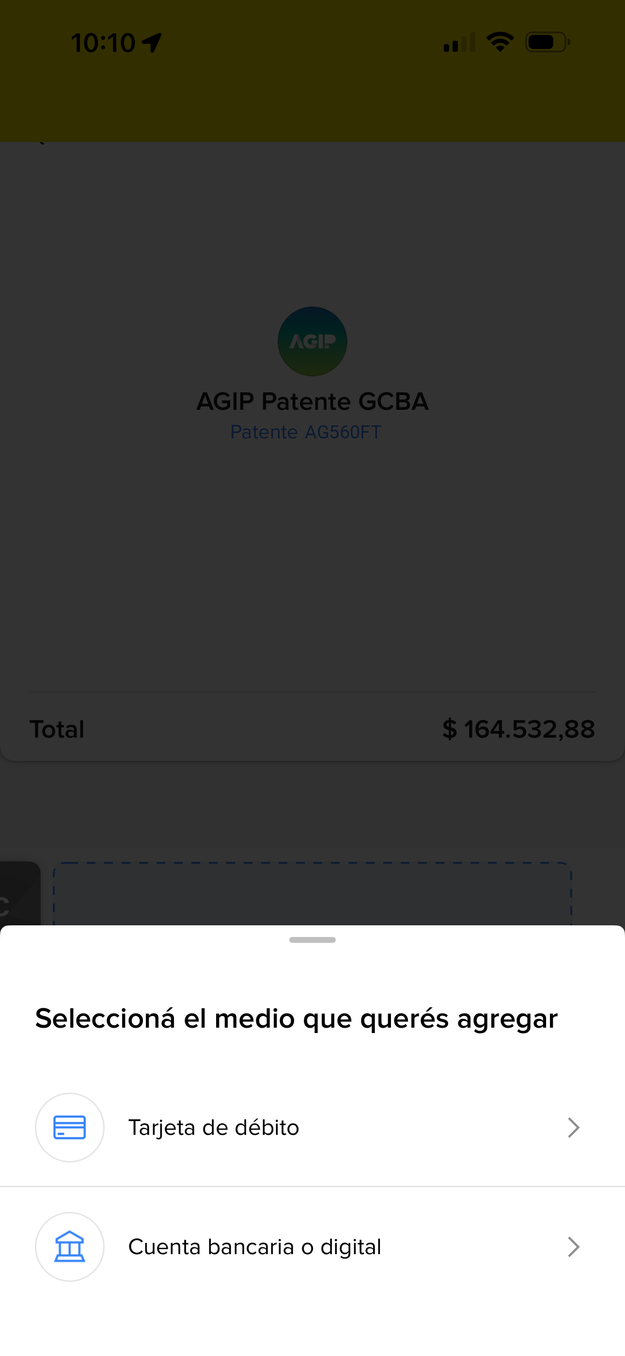 Bottom sheet asking which payment method to add, offering debit card or bank and digital account