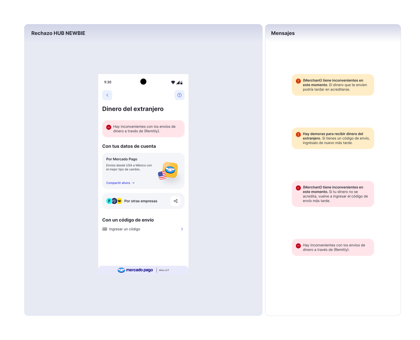 Error-state documentation — rejected hub scenario alongside the full set of error and delay messages
