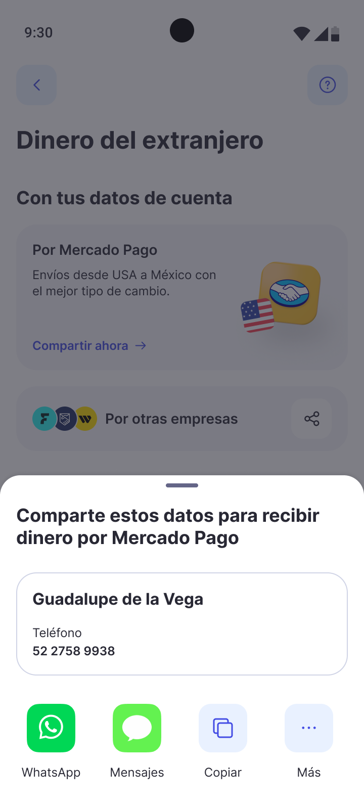 Final UI — bottom sheet for sharing Mercado Pago account data