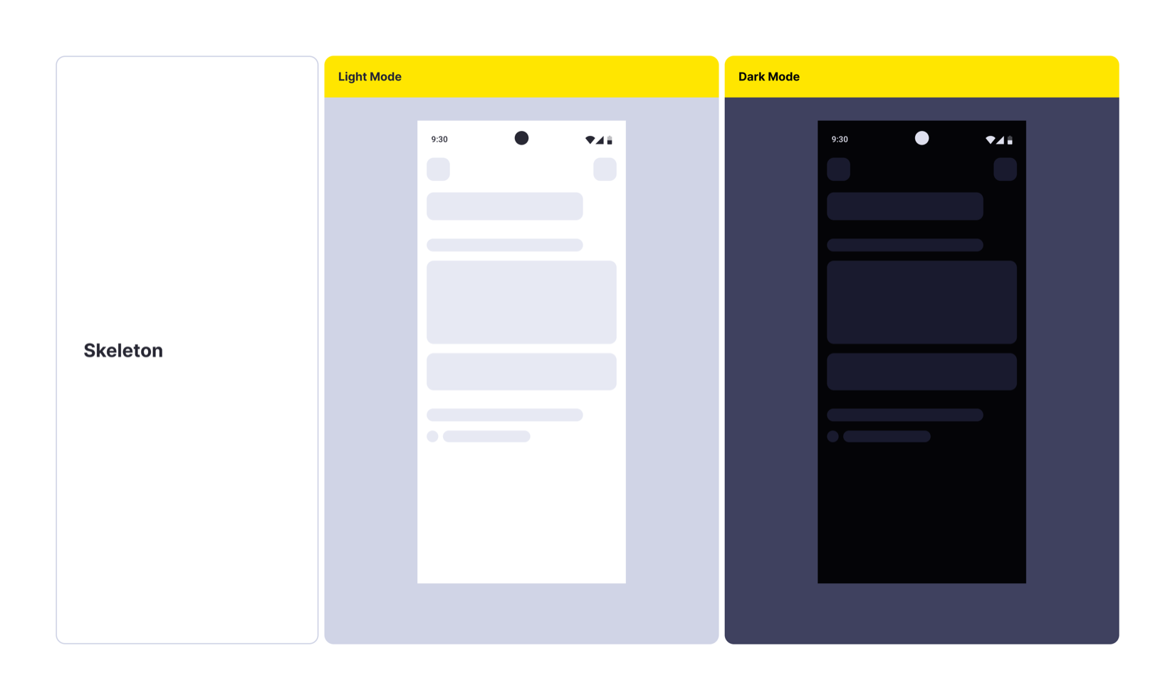Skeleton loading states documented side by side in light and dark mode
